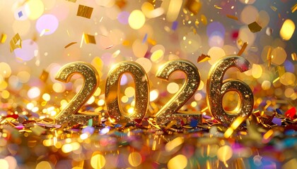 Golden “2026” numerals on confetti-covered surface with blurred festive lights in background.