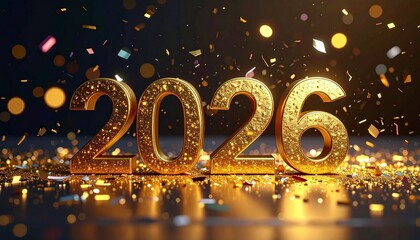 Golden “2026” numerals on confetti-covered surface with blurred festive lights in background.