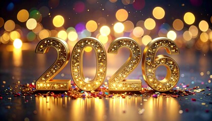 Golden “2026” numerals on confetti-covered surface with blurred festive lights in background.