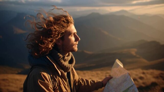 Man with long hair holding a map in the mountains, looking towards the horizon with wind blowing his hair, embracing the adventure and the beauty of nature