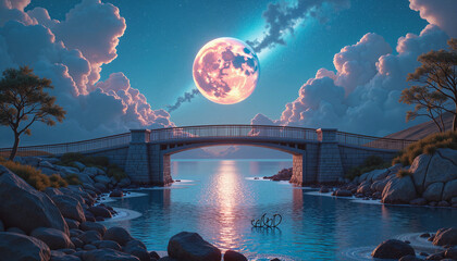 Bridge over water reflects the glowing moon at twilight