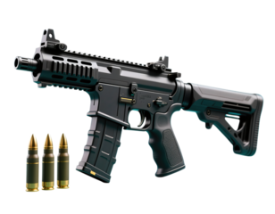 Futuristic tactical rifle with ammunition isolated design