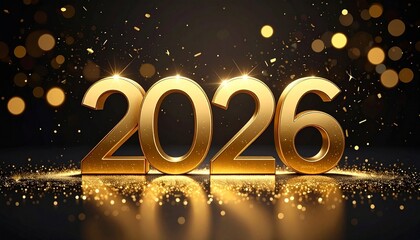 Golden 3D “2026” numerals on dark background with glowing bokeh lights and scattered particles.
