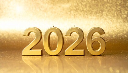 Golden 3D “2026” numerals on dark background with glowing bokeh lights and scattered particles.