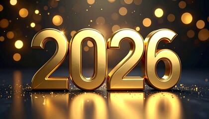 Golden 3D “2026” numerals on dark background with glowing bokeh lights and scattered particles.
