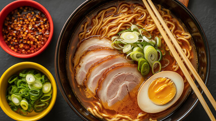 Ramen bowl with pork, egg, and scallions