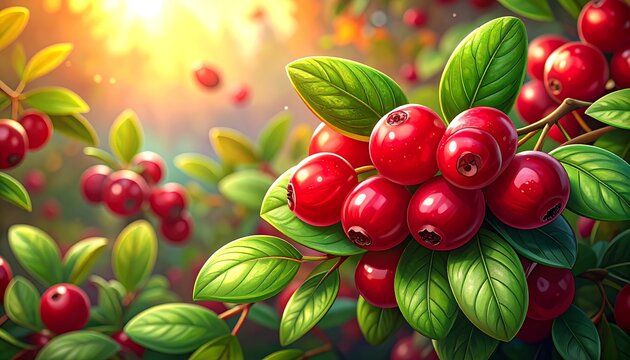 Glossy red berries among vibrant green leaves shine under a bright, blurred sunlit backdrop, creating a cheerful scene