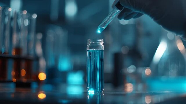 Close-up view of a scientist's hand pouring a blue liquid from a pipette into a test tube in a research laboratory with glowing equipment in the background, science experiment footage - Powered by Adobe