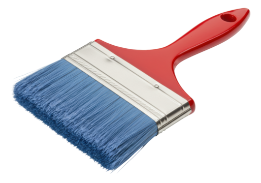 Isolated close-up of new paint brush tool with blue bristles and red handle for painting walls