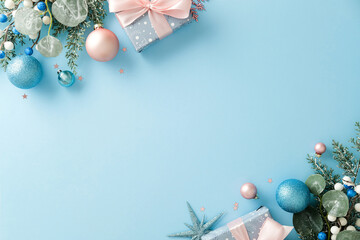 Chic Christmas corners frame with pastel pink and blue decor. Xmas background.