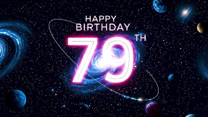 Cosmic 79th birthday celebration with glowing pink-white digits, swirling galaxy, and celestial bodies on dark space backdrop
