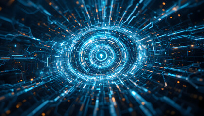 A captivating tunnel of swirling blue light and digital circuitry creates a sense of depth and technological advancement, inviting viewers to explore the mysteries of the digital world