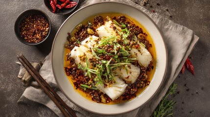 Top view of a Shuizhu Yu, Sichuan boiled fish dish