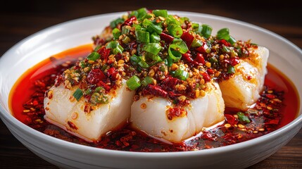 Shuizhu Yu, Sichuan-style boiled fish, tender white fish fillets in vibrant red spicy chili oil, topped with chopped garlic, ginger, scallions