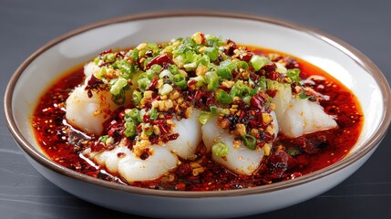 Shuizhu Yu, Sichuan-style boiled fish, tender white fish fillets in vibrant red spicy chili oil, topped with chopped garlic, ginger, scallions