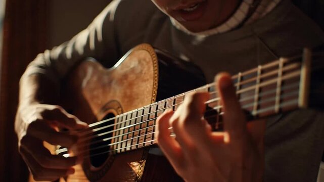 Close-up shot of a person's hands playing an acoustic guitar, creating beautiful music and a relaxing atmosphere in soft, warm lighting