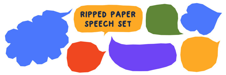 Abstract hand-drawn shapes resembling speech boxes and bubbles. Round paper textures add a unique childish charm. Ideal for text designs, badges, or collage art