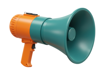 Isolated turquoise and orange megaphone against a neutral backdrop for announcements