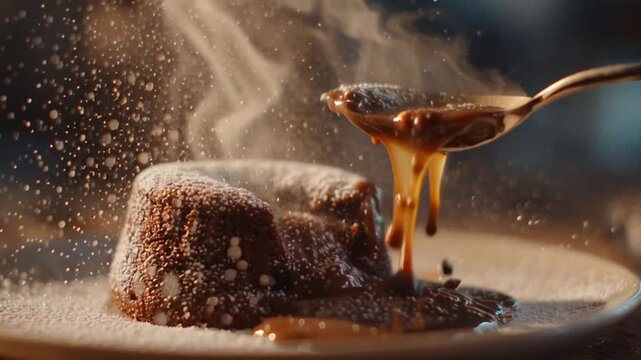 Deliciously warm and gooey chocolate lava cake with molten fudge cascading from a spoon, dusted with powdered sugar, a perfect dessert