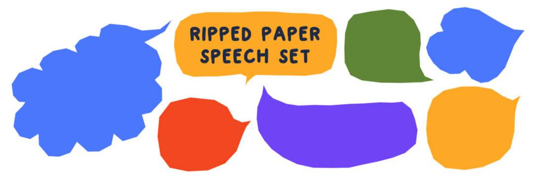 Abstract hand-drawn shapes resembling speech boxes and bubbles. Round paper textures add a unique childish charm. Ideal for text designs, badges, or collage art