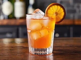 Vivid orange Screwdriver cocktail in a tall glass with ice and orange slice. Clean drink product visual suitable for brunch, summer, and beverage promotion