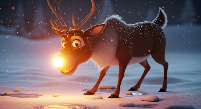 3d icon of rudolph the red nosed reindeer in a snowy landscape with a glowing nose at night