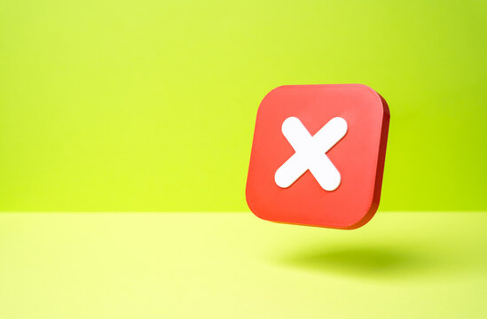Red button with an X. Denial and shutdown. Restrictions and limitations. Blocked access, and system failure. IT support, digital safety, and error prevention.