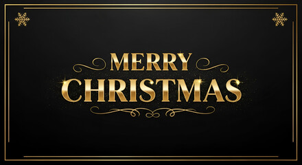 3d icon of elegant merry christmas greeting card with golden text and snowflakes on a black background