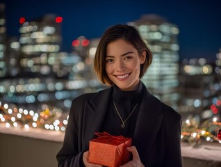 young professional holding christmas gift box on decorated urban rooftop with city lights and subtle snow