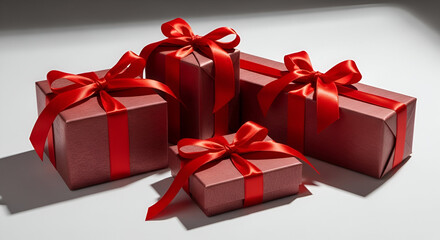 Obraz premium 3d icon of four red gift boxes with red ribbons and bows on a white surface, ready for a special occasion