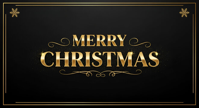 3d icon of elegant merry christmas greeting card with golden text and snowflakes on a black background