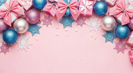 Top border of pink and blue christmas ornaments, gift boxes and snowflakes on a pink background