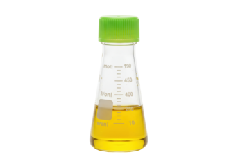 Isolated Erlenmeyer flask with a bright green lid containing yellow liquid used in chemistry