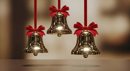 3d icon of three golden christmas bells hanging with red ribbons, perfect for holiday season and festive designs
