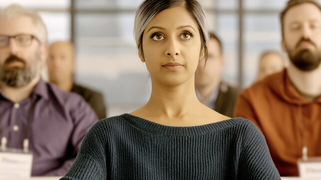Close up photo of a diverse group of office workers in business-casual attire is working with a South Asian female instructor. Business training in a glass-walled conference room. - Powered by Adobe