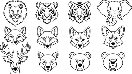 Animal head outlines for coloring book or tattoo designs