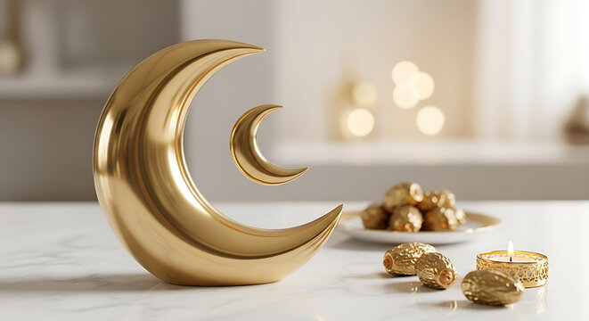 Golden crescent moon with dates and candle for ramadan kareem and eid mubarak decoration as islamic muslim symbol of fasting holiday