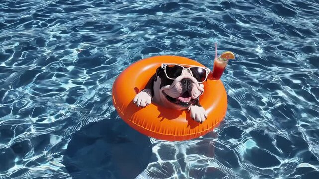 Bulldog sits on orange float wearing white sunglasses. Pool water sparkles. Cocktail straw and fruit. Summer vacation vibe with pet in pool. Funny dog, pool, float, relax, happy, vacation, pet, dog