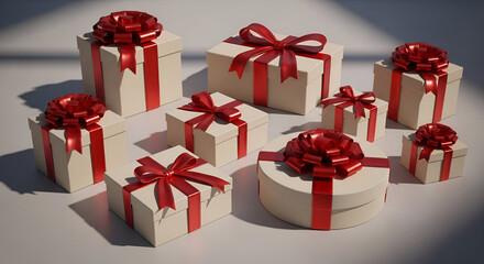 3d icon of elegant arrangement of gift boxes with red ribbons, creating a festive and celebratory atmosphere isolated on white background