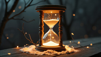 Hourglass filled with glowing particles, time concept, on rustic wood