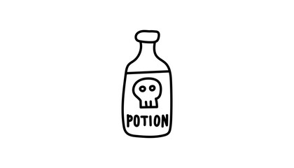 A potion bottle with vial, poison and toxic label. The cork and skull symbol show witchcraft and magic. Occult mystic esoteric astrology connects moon and celestial.