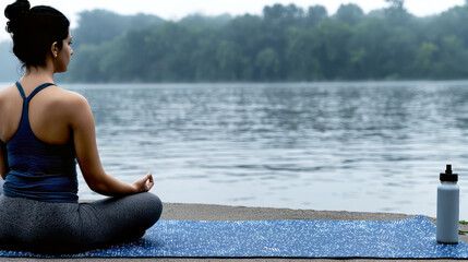 Fototapeta premium Latina female meditates in lotus pose on a yoga mat by a lake background, early morning mist hovering, reflections in water. Cool fogs, stillness, perfect symmetry. Spiritual morning practice.