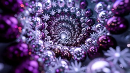 Abstract spiral tunnel of shimmering purple and silver christmas ornaments with glowing light and snowflakes 4k video - Powered by Adobe