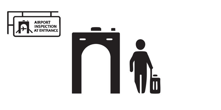 Detector and man with luggage thin line icon, traveler survey concept. Vector graphics. Airport inspection at entrance sign on white background, style icon mobile or web design