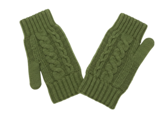 Isolated pair of knitted wool fingerless gloves, green knitted mitts on neutral surface