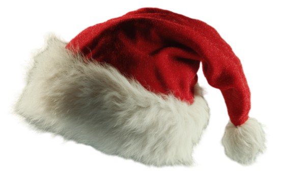 Classic Santa Claus hat with white fur trim and pom-pom, realistic product photo