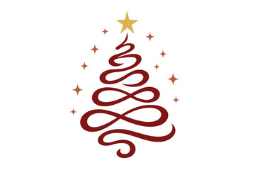 Stylized Christmas Tree Design. Stylized Christmas tree in the center with swirling lines, topped with a golden star. Smaller stars surround the tree, adding a. Vector illustration