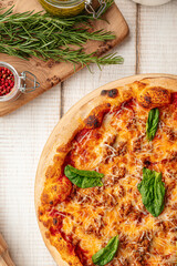 Hot fresh baked pizza topped with melted cheese tomato sauce minced meat and basil leaves on board