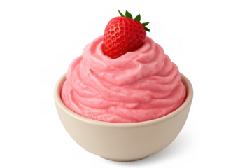 Strawberry flavored frozen yogurt forming a swirl in a bowl, topped with a fresh strawberry, offering a sweet and healthy treat
