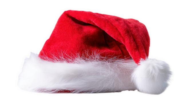 Classic Santa Claus hat with white fur trim and pom-pom, realistic product photo